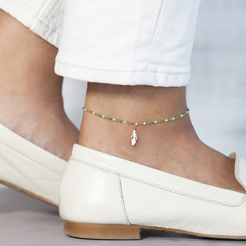 Chaine de cheville plaqué or perles rocailles vertes plume 23 à 25 cm