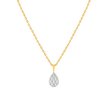 Collier or 375 2 tons diamants, motif goutte 45 cm