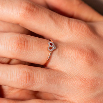 Bague or 375 rose diamants, motif coeur
