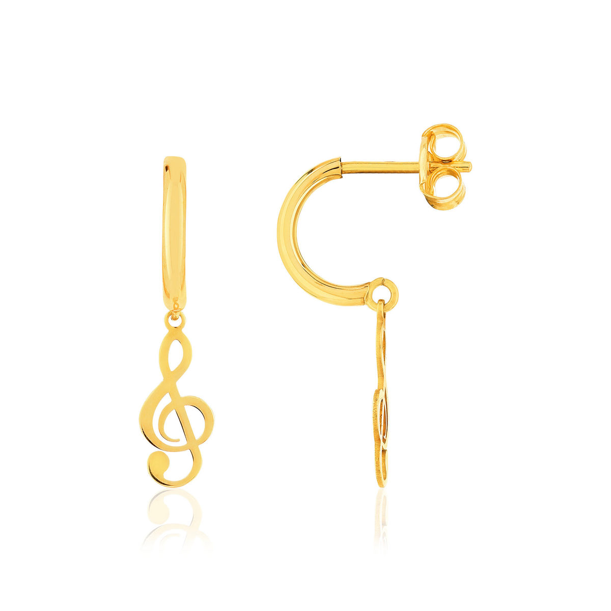 Boucles d'oreilles or 375 jaune, motif clé de sol.