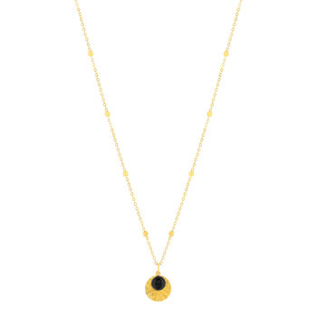 Collier plaqué or médaille strié et pampille en onyx 48 cm