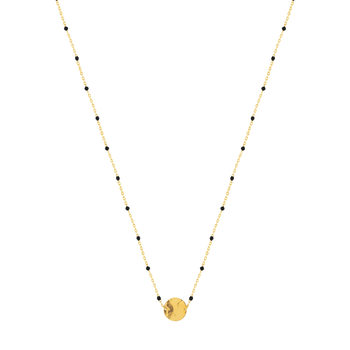 Gold-plated and black resin necklace, hammered medal 44 cm