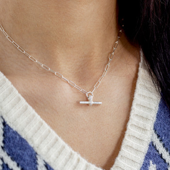 Collier argent 925 maille trombone motif T/bar zirconias. Longueur 41 cm