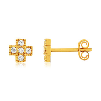 Boucles d'oreilles plaqué or zirconias, motif croix