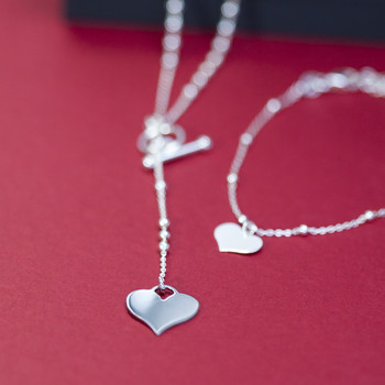 Collier argent 925 motif fermoir T/bar et pampille coeur 52 cm