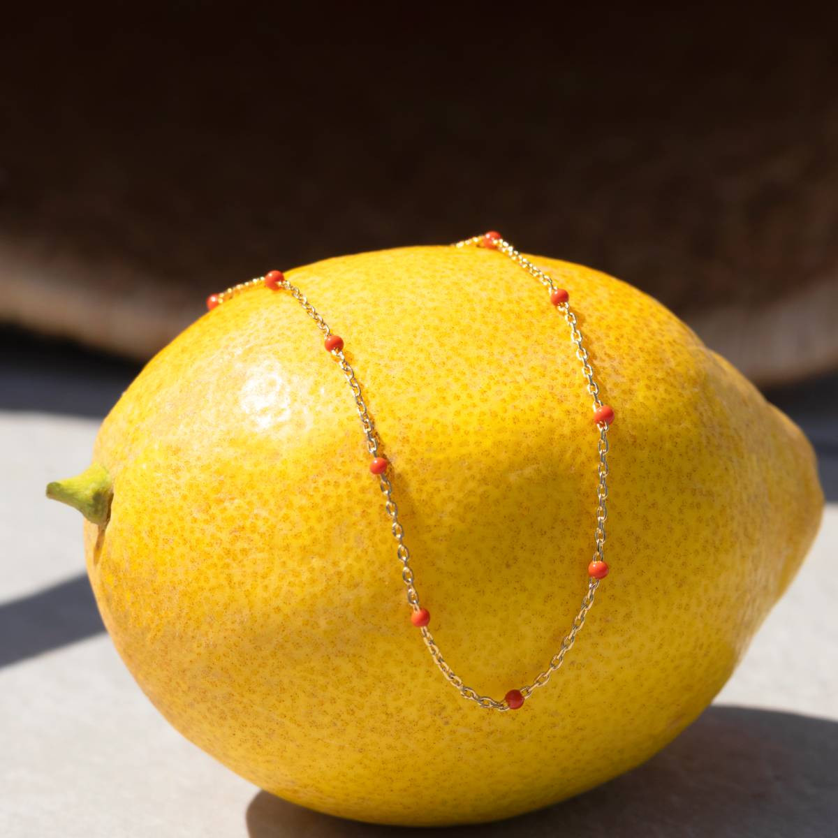 Bracelet plaqué or jaune résine orange 18 cm - vue D1