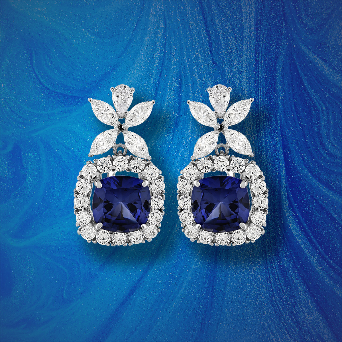 Boucles d'oreilles pendants argent 925 pierres synthétiques bleues zirconias - vue D1