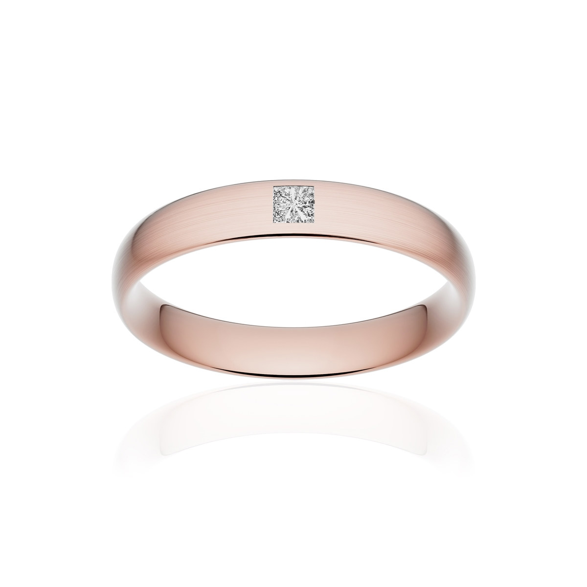 Alliance or 375 rose brossé demi-jonc confort 4mm diamant princesse