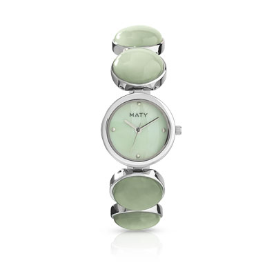 Montre femme bracelet m&eacute;tal chrom&eacute; et jade