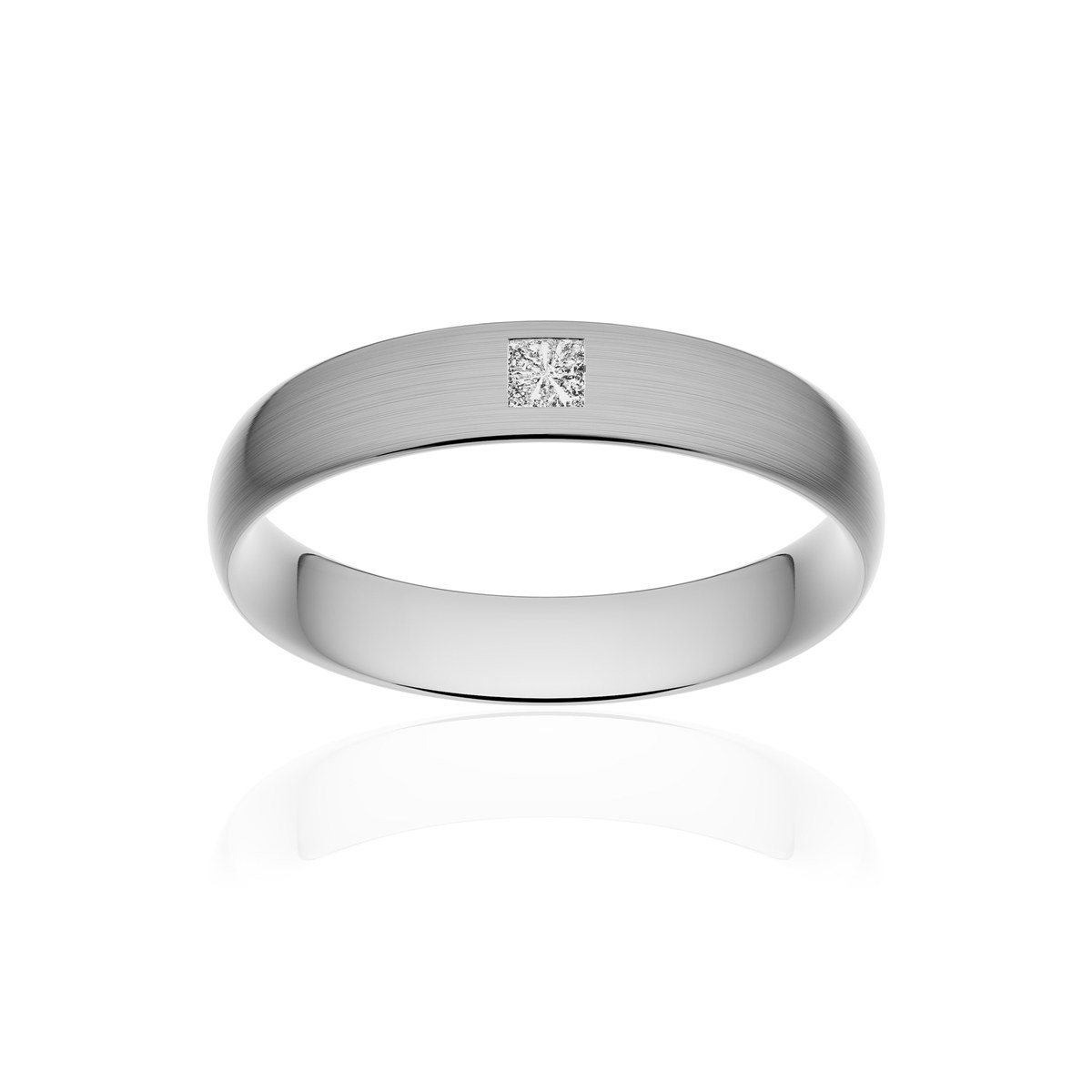Alliance or 750 blanc brossé demi-jonc confort 4,5mm diamant princesse