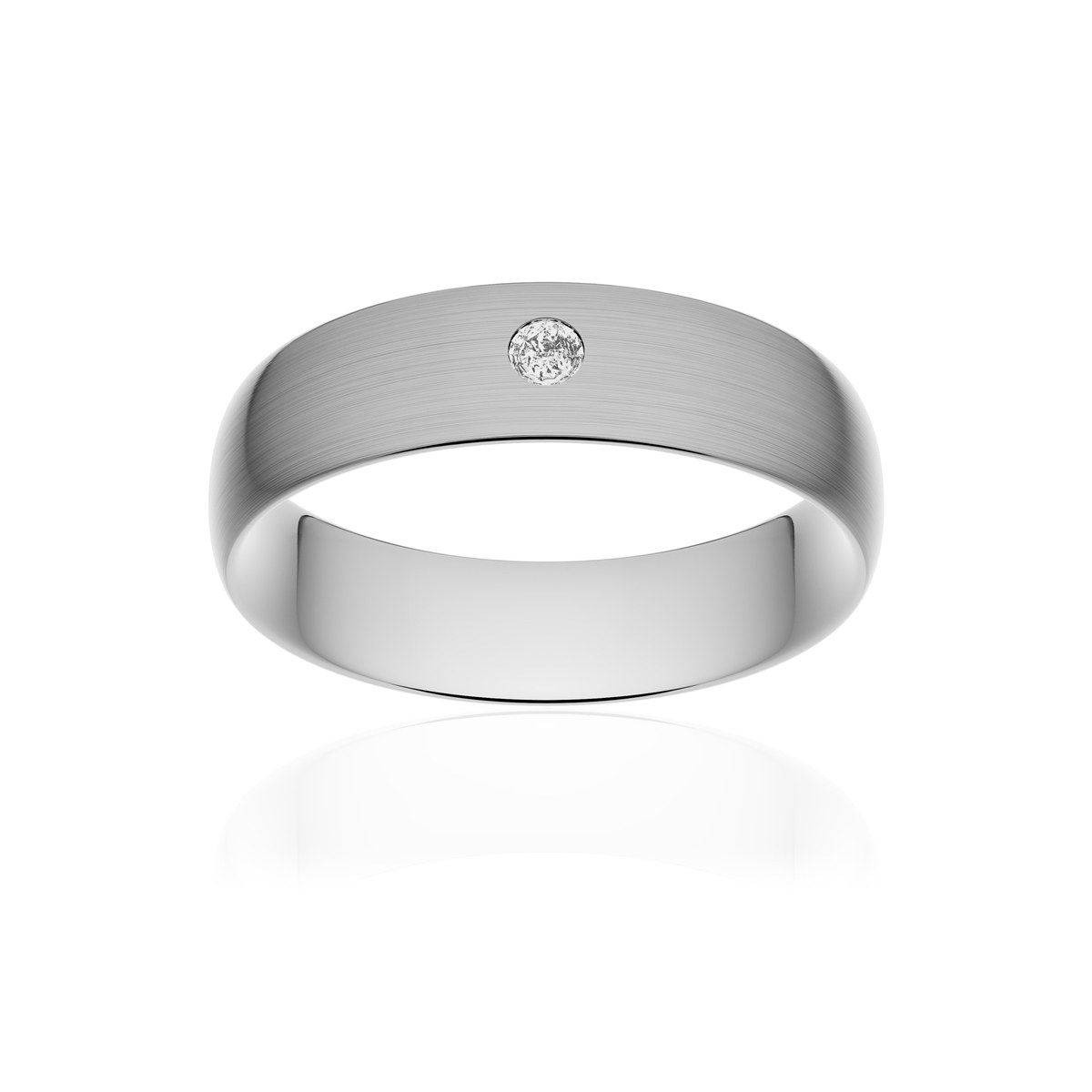 Alliance or 750 blanc brossé demi-jonc confort 6mm diamant brillant