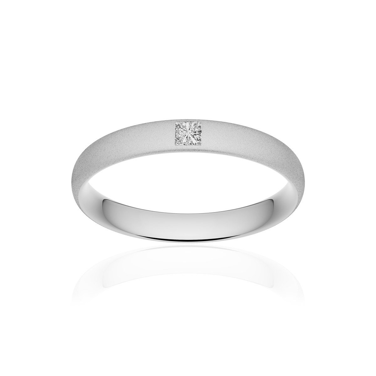 Alliance or 750 blanc sablé demi-jonc confort 3,5mm diamant princesse