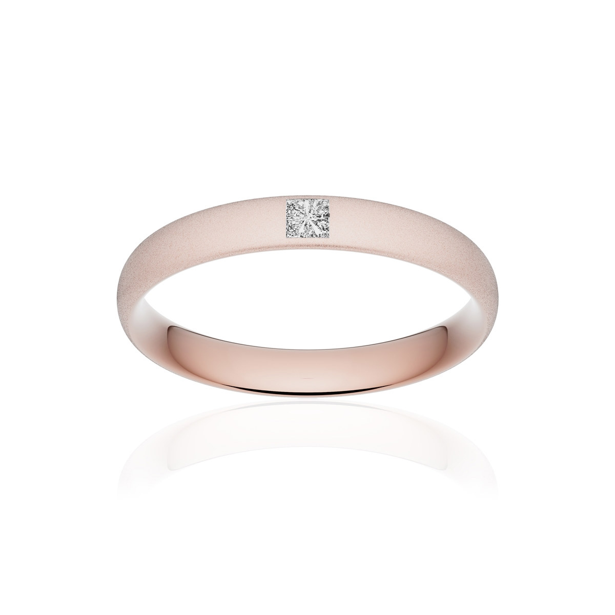 Alliance or 750 rose sablé demi-jonc confort 3,5mm diamant princesse