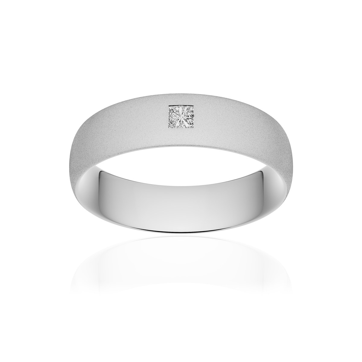 Alliance or 750 blanc sablé demi-jonc confort 6mm diamant princesse