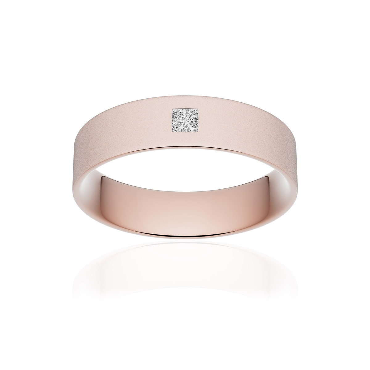 Alliance or 750 rose sablé ruban plat confort 5mm diamant princesse