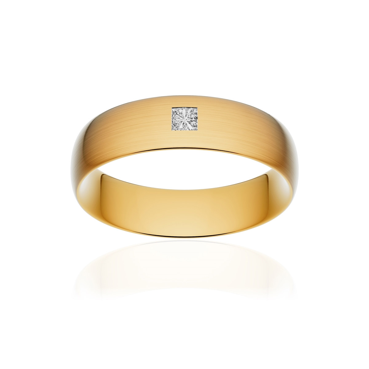 Alliance or 375 jaune brossé demi-jonc confort 6mm diamant princesse