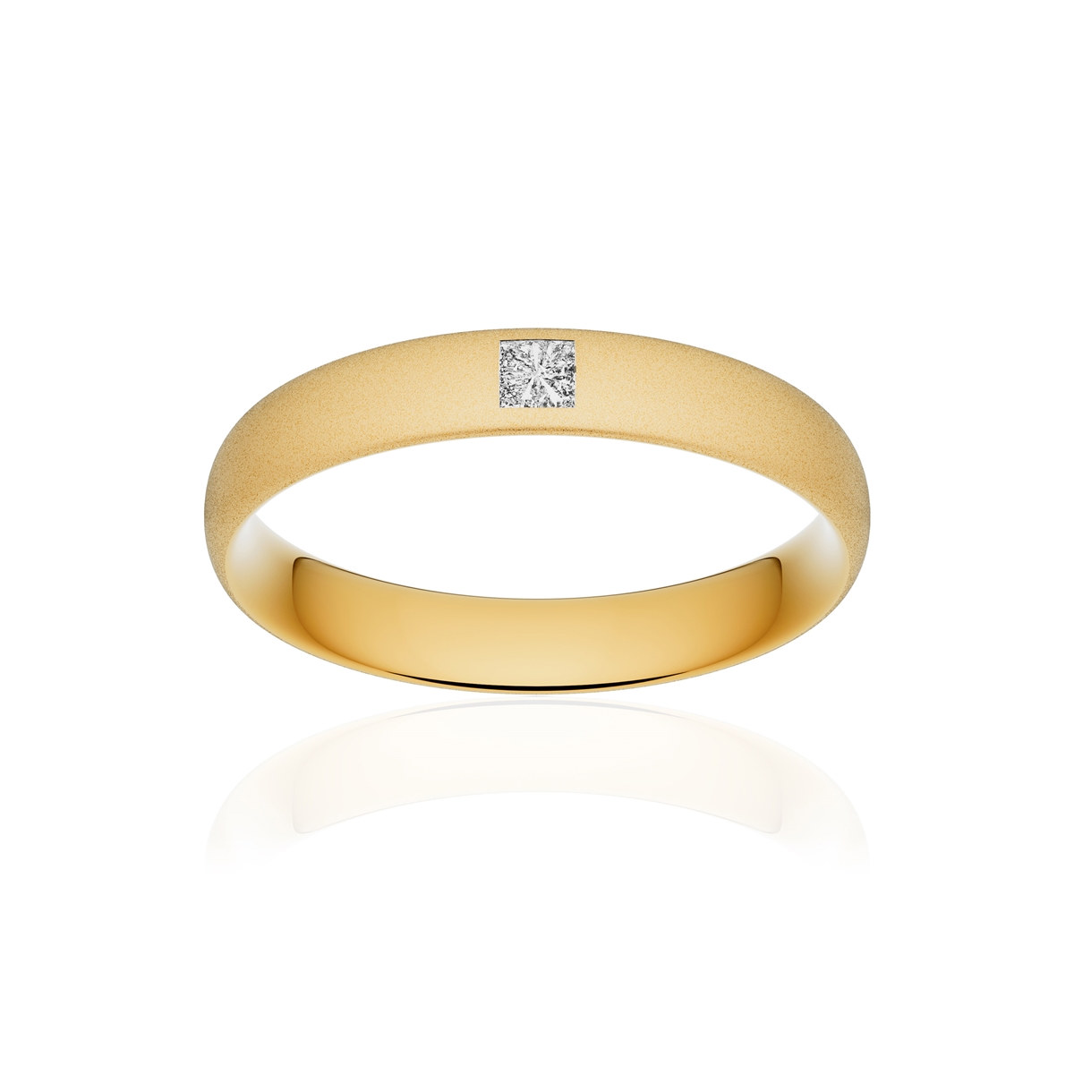 Alliance or 375 jaune sablé demi-jonc confort 4mm diamant princesse