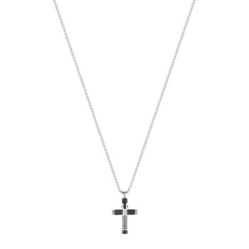 Collier acier bicolore noir croix 55 cm
