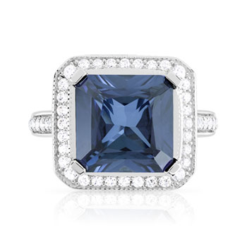 Bague argent 925 saphir imitation carrée et zirconias