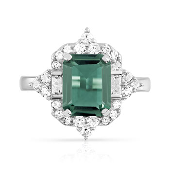 Bague argent 925 pierre imitation verte rectangulaire et zirconias