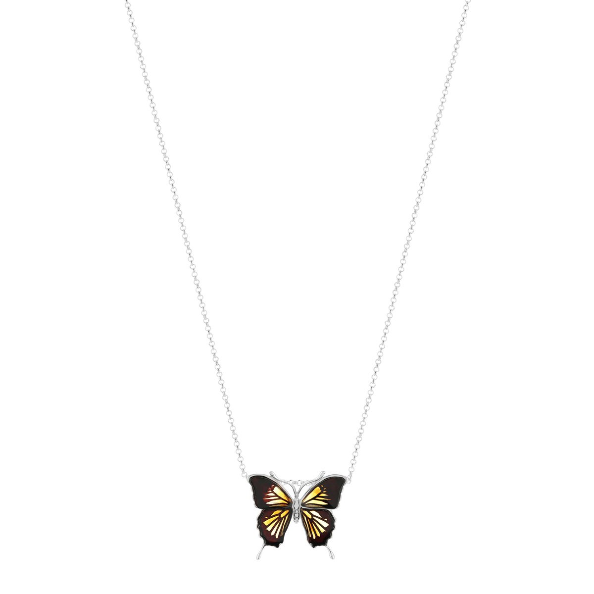 Collier argent 925 papillon ambre 42 cm