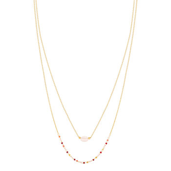 Collier double rang plaqué or jaune quartz rose perles rocaille 40 cm