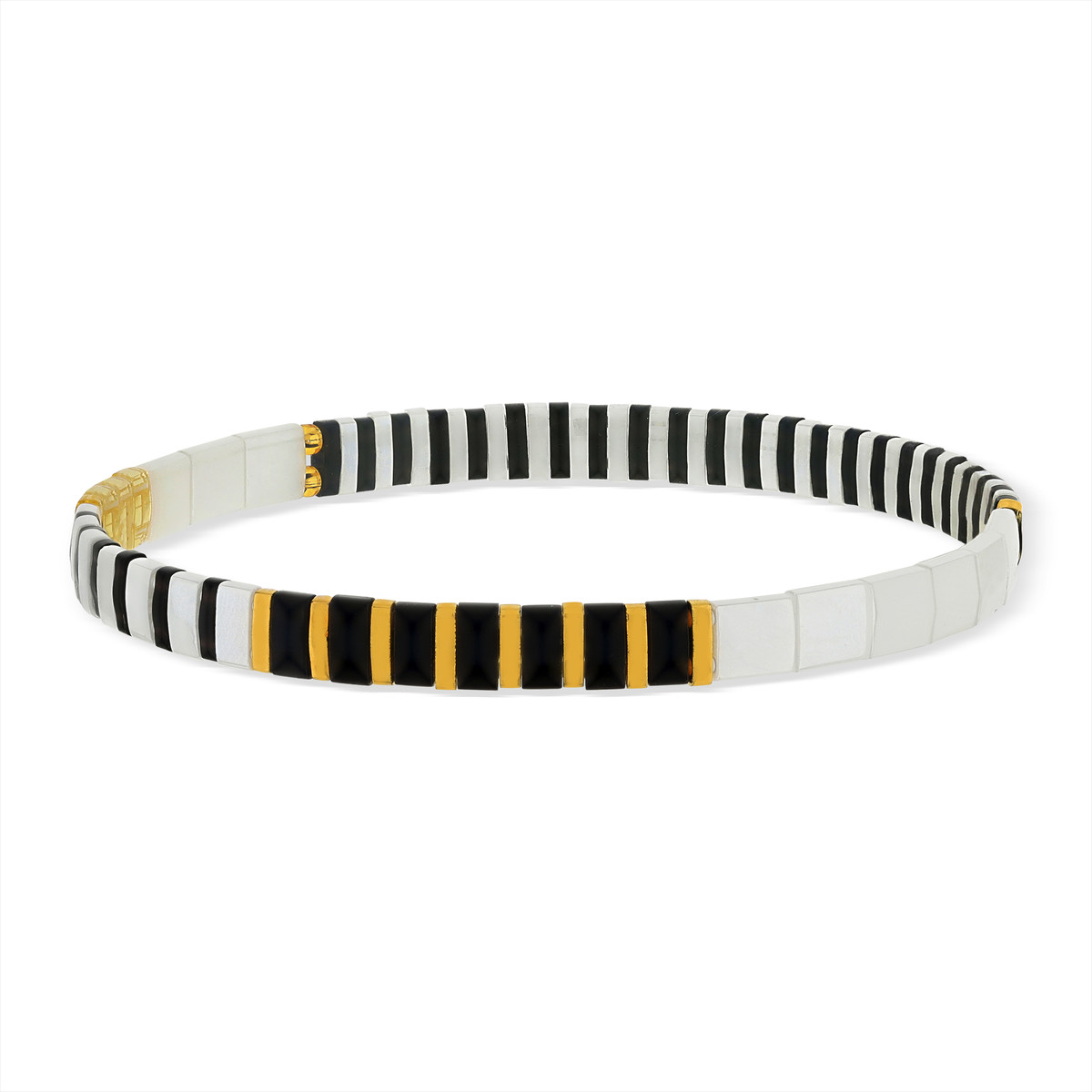 Bracelet élastique perles japonaises MIYUKI en verre émaillé ton noir et blanc - vue porté 1