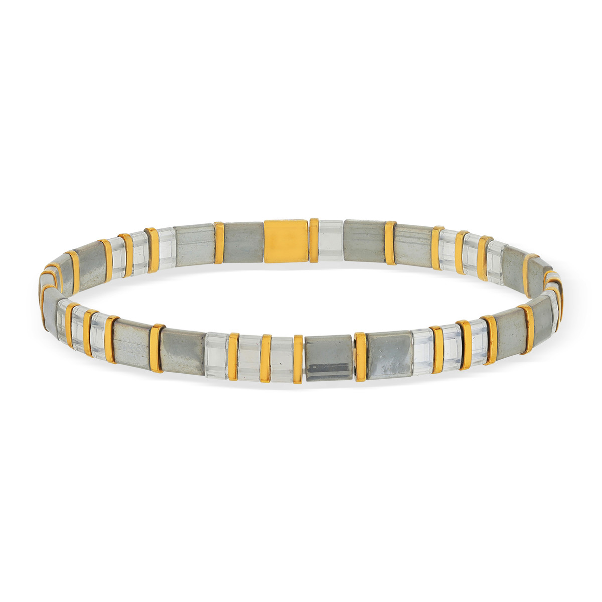 Bracelet élastique perles japonaises MIYUKI en verre émaillé ton gris et blanc - vue porté 1