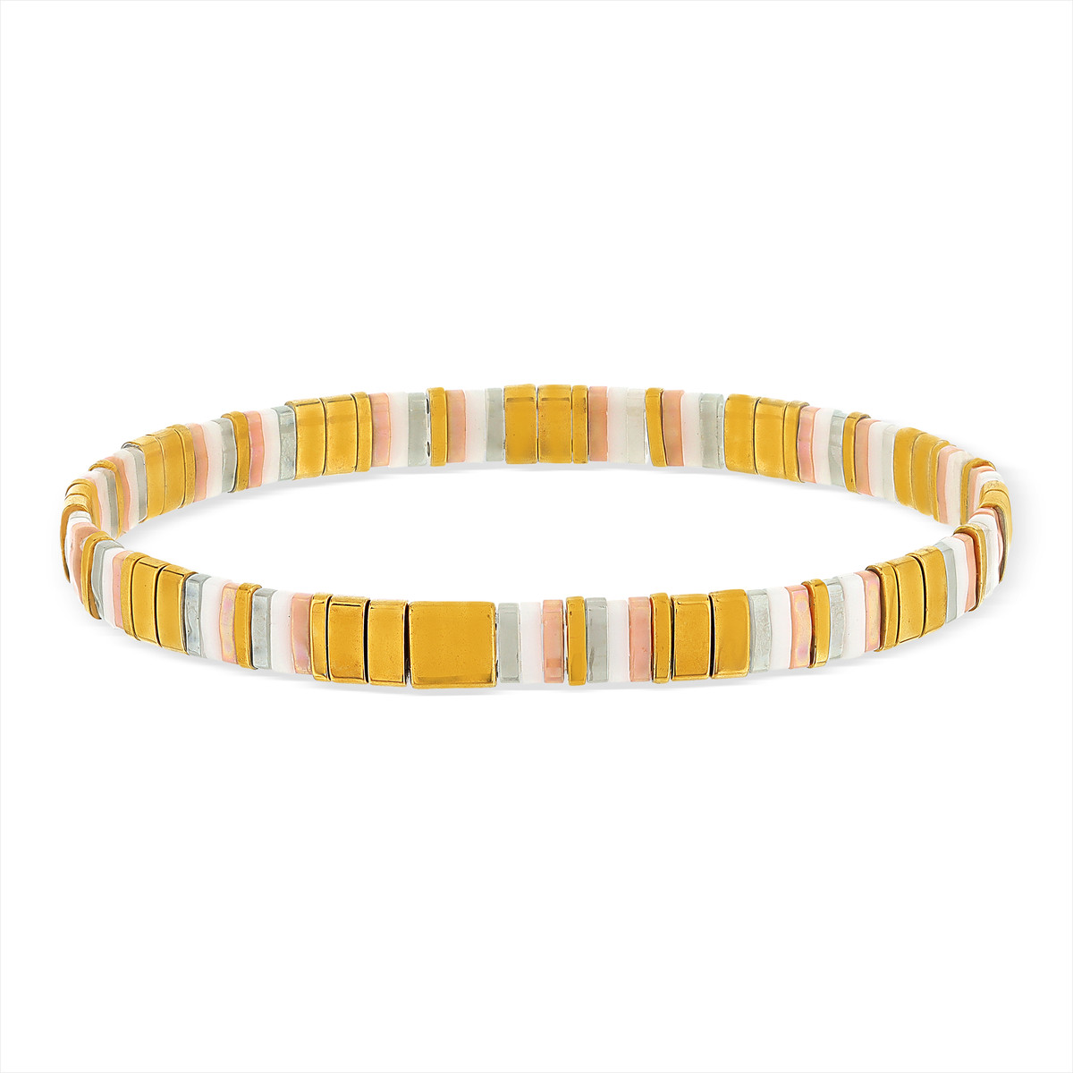 Bracelet élastique perles japonaises MIYUKI en verre émaillé ton doré blanc rose - vue porté 1