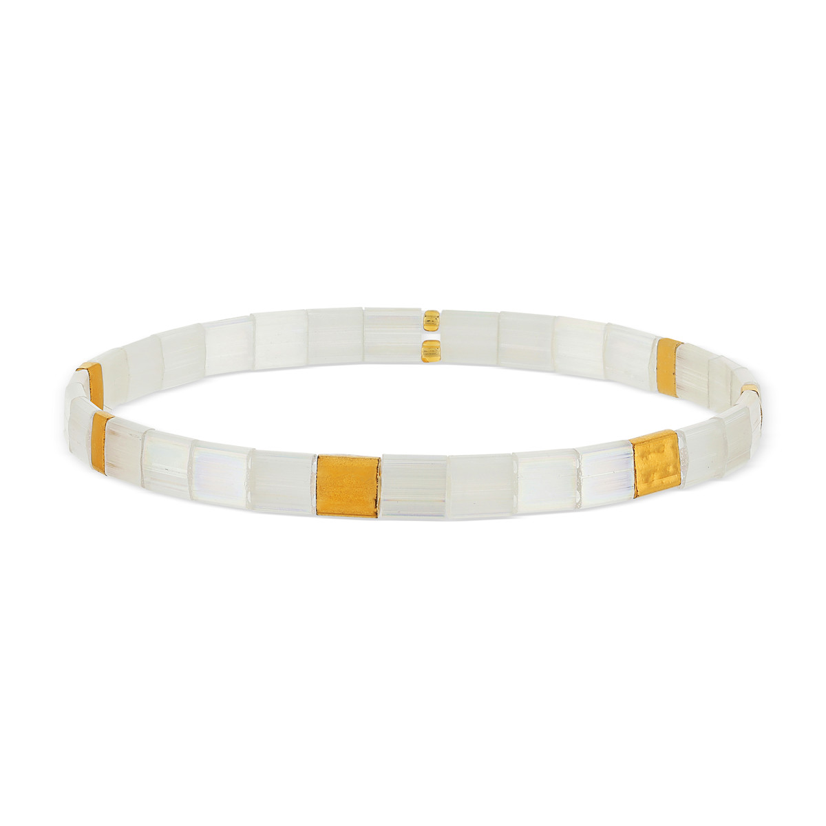 Bracelet élastique perles japonaises MIYUKI en verre émaillé ton blanc et doré - vue porté 1