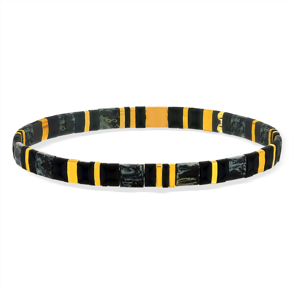 Bracelet élatiques perles japonaises MIYUKI en verre émaillé ton noir et doré - vue porté 1