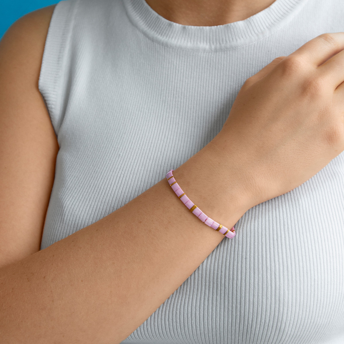 Bracelet élastique perles japonaises MIYUKI en verre émaillé ton rose et doré