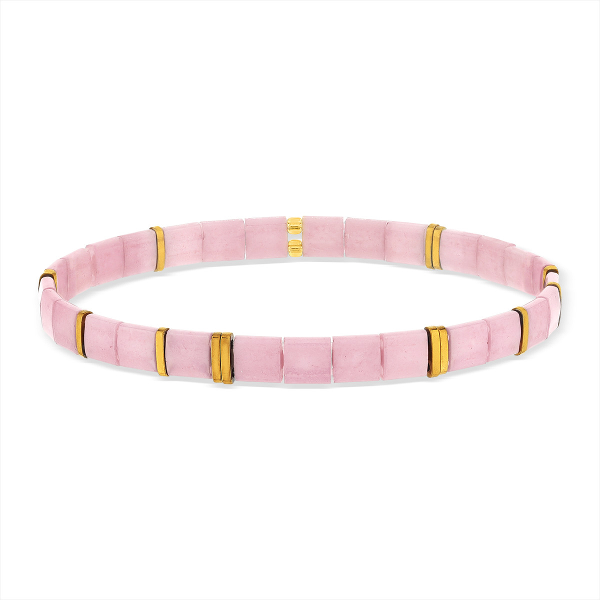 Bracelet élastique perles japonaises MIYUKI en verre émaillé ton rose et doré - vue porté 1