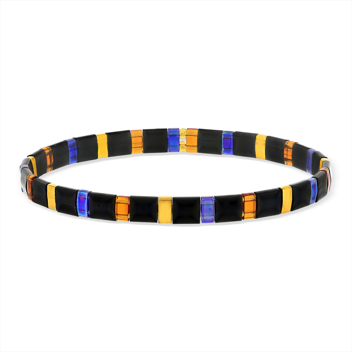 Bracelet élastique perles japonaises MIYUKI en verre émaillé ton noir doré et violet - vue porté 1