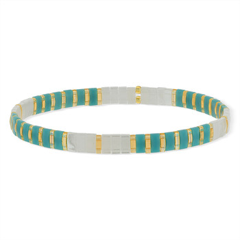 Bracelet élastique perles japonaises MIYUKI en verre émaille ton blanc vert et doré