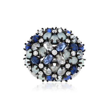 Bague argent 925 et ruthénium noir, pierres imitations bleues zirconias