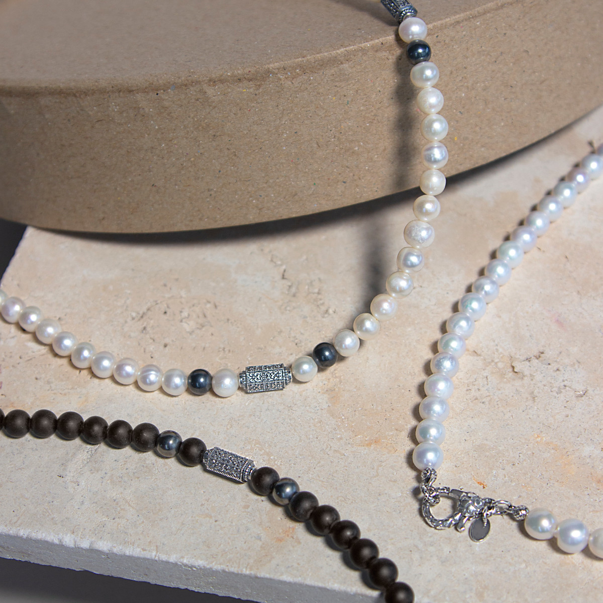 Collier perles obsidiennes noires et perles argent 48cm - vue D1