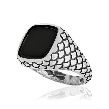 Bague argent 925 écailles onyx carré