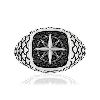 Bague argent 925 rose des vents spinelles noires