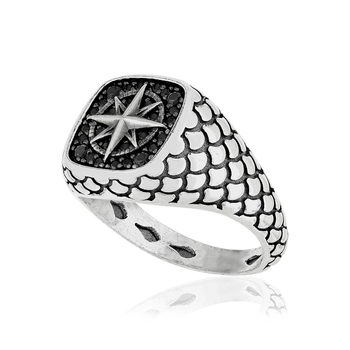 Bague argent 925 rose des vents spinelles noires