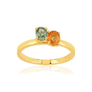 Bague or 375 jaune saphirs vert et orange