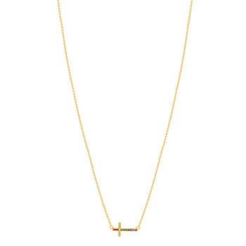 Collier plaqué or motif croix religieuse pierres synthétiques multicolores 45cm