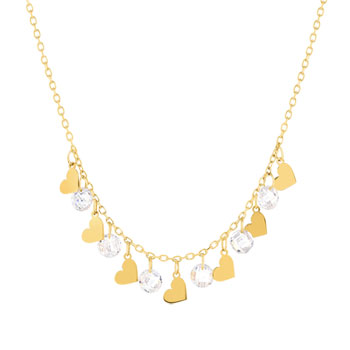 Collier or 375 jaune pampilles coeurs et zirconias 45cm