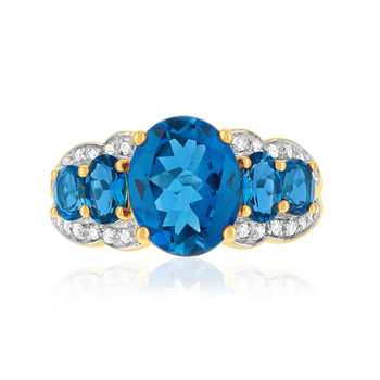 Bague or 375 jaune topazes bleues traitées ovales et diamants