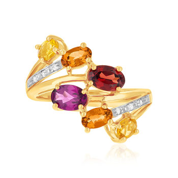 Bague or 375 jaune diamants grenat, grenat rhodolites et citrine