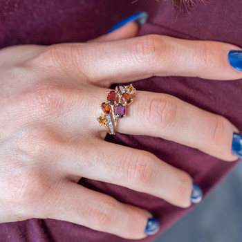 Bague or 375 jaune diamants grenat, grenat rhodolites et citrine