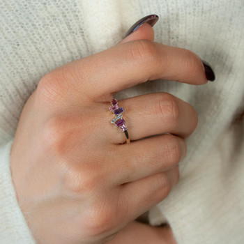 Bague or 375 jaune diamants, grenats rhodolites, améthyste et saphirs