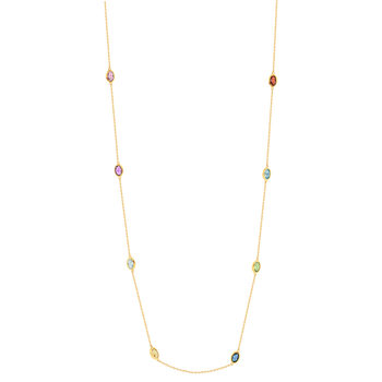 Collier or 375 jaune améthystes, citrine, topaze, péridot et grenat 60cm