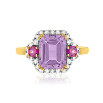 Bague or 375 jaune diamants, améthyste et grenats rhodolites