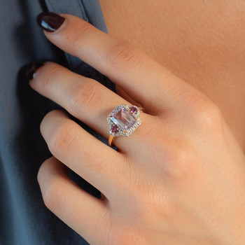 Bague or 375 jaune diamants, améthyste et grenats rhodolites